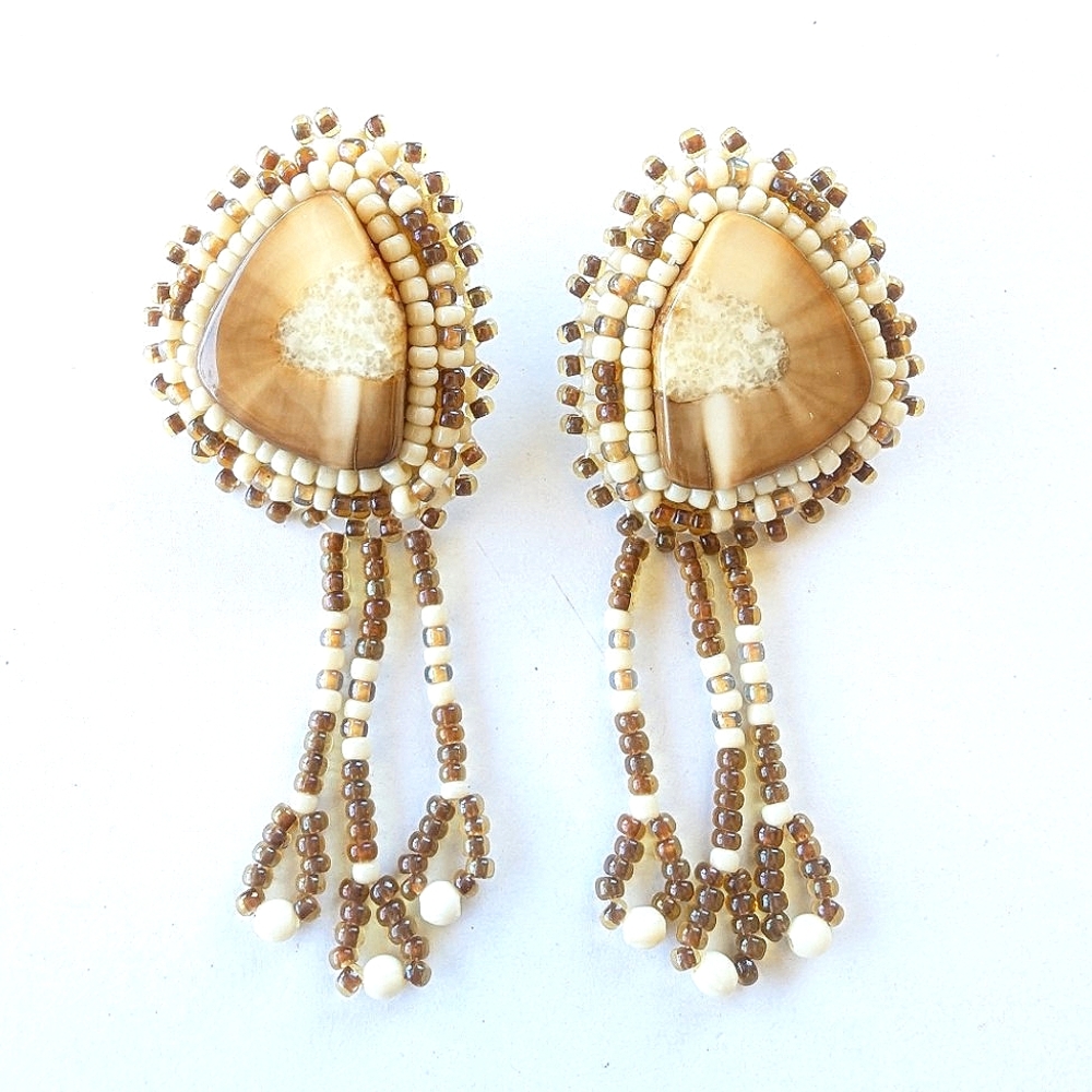 Jeri Tiger Eye & Seed Beads Boho Hippie Semi Precious Earrings Leather Southwest